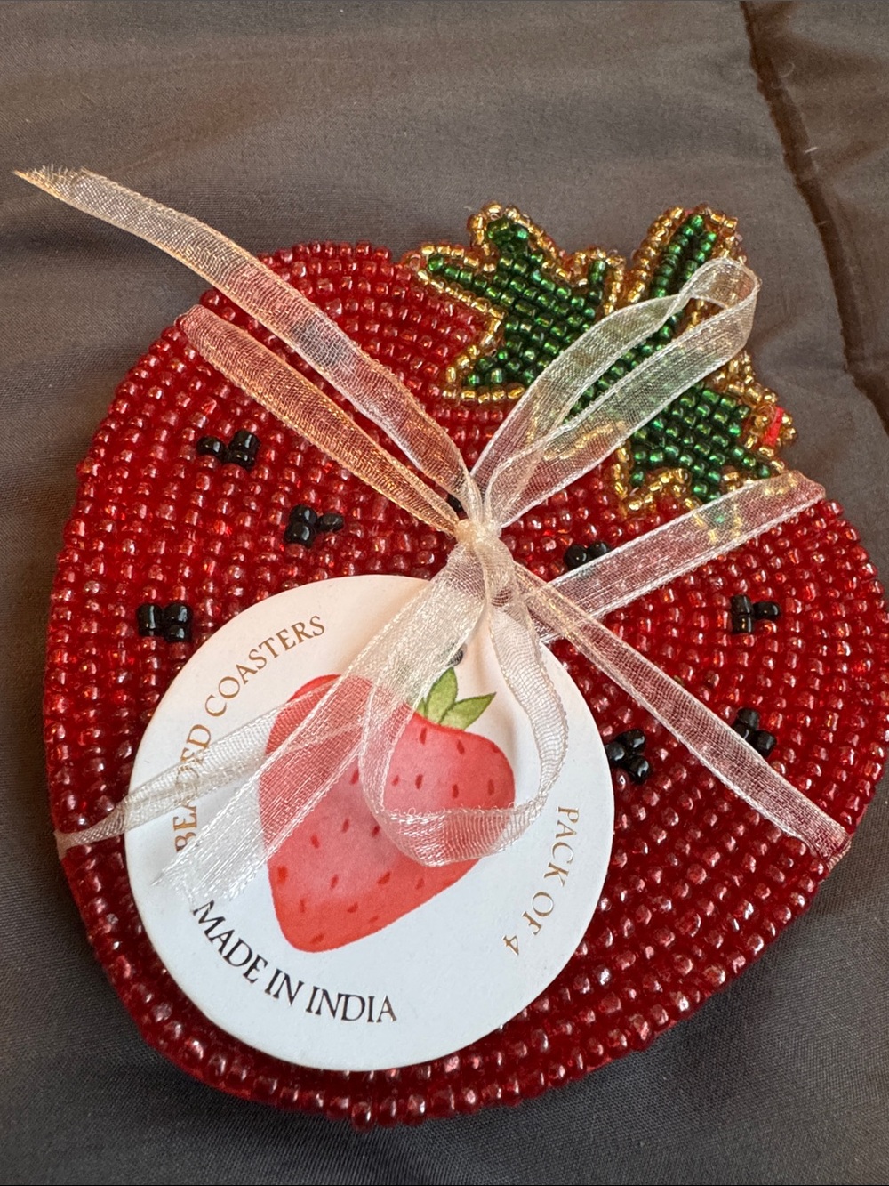 Beaded Strawberry Coaster Set - Red